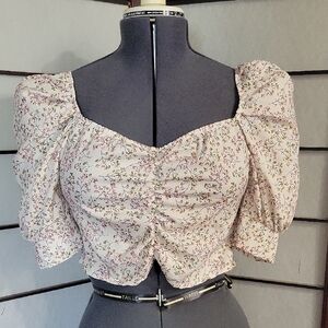 Dainty Floral Puff Sleeve Cropped Length Smocked Blouse